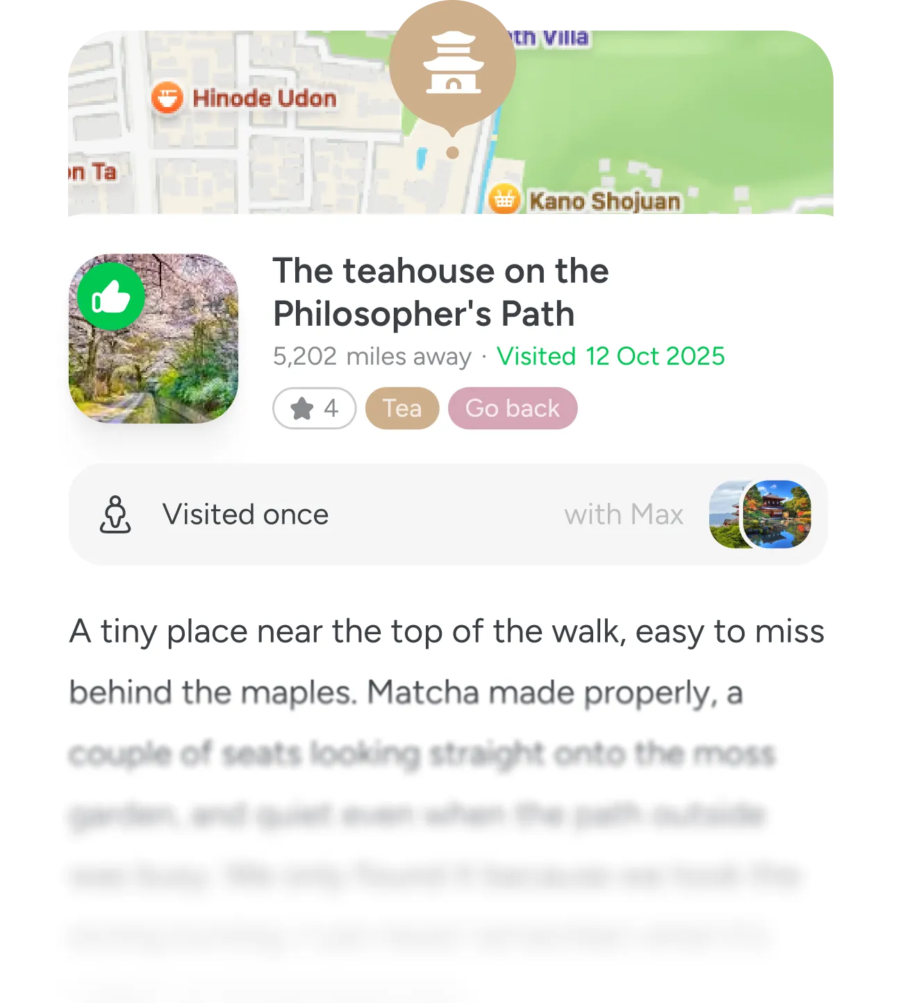 A saved pin showing a site's map location, last visit, next action and owner