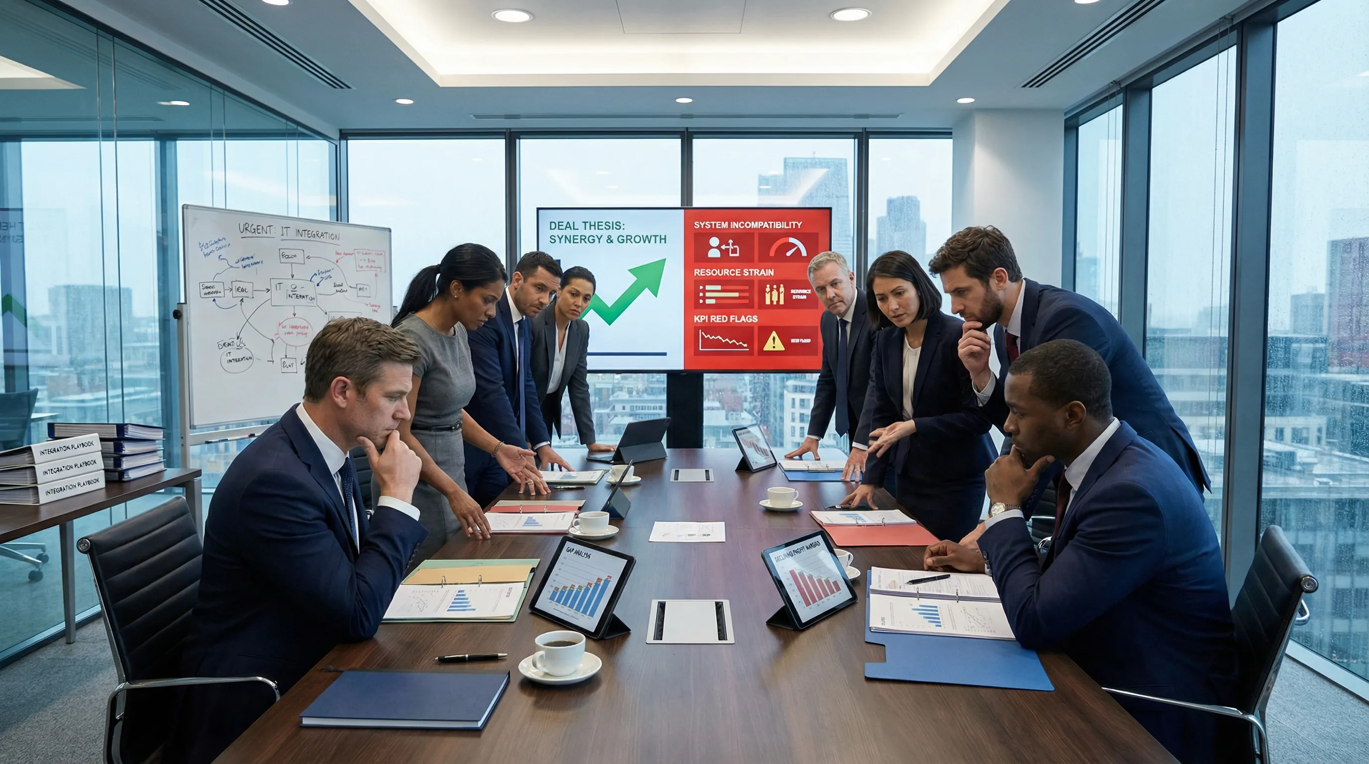 Executives in boardroom reviewing merger documents and declining performance metrics on screens.