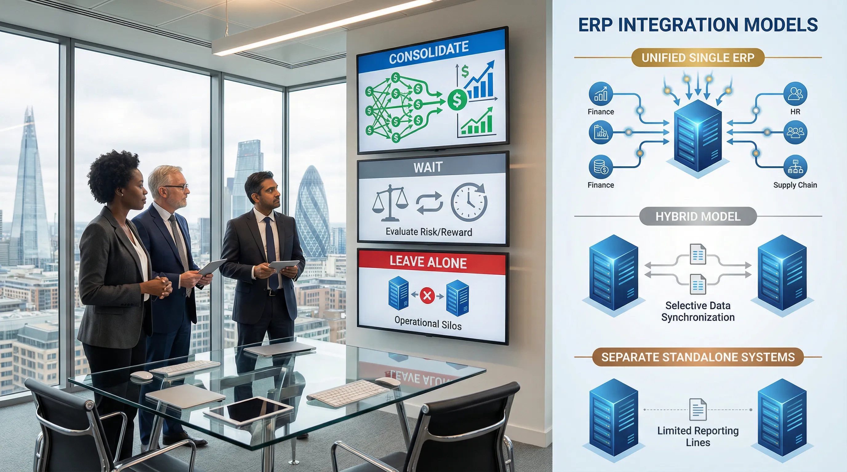 Senior executives reviewing ERP consolidation decision framework in modern UK boardroom.