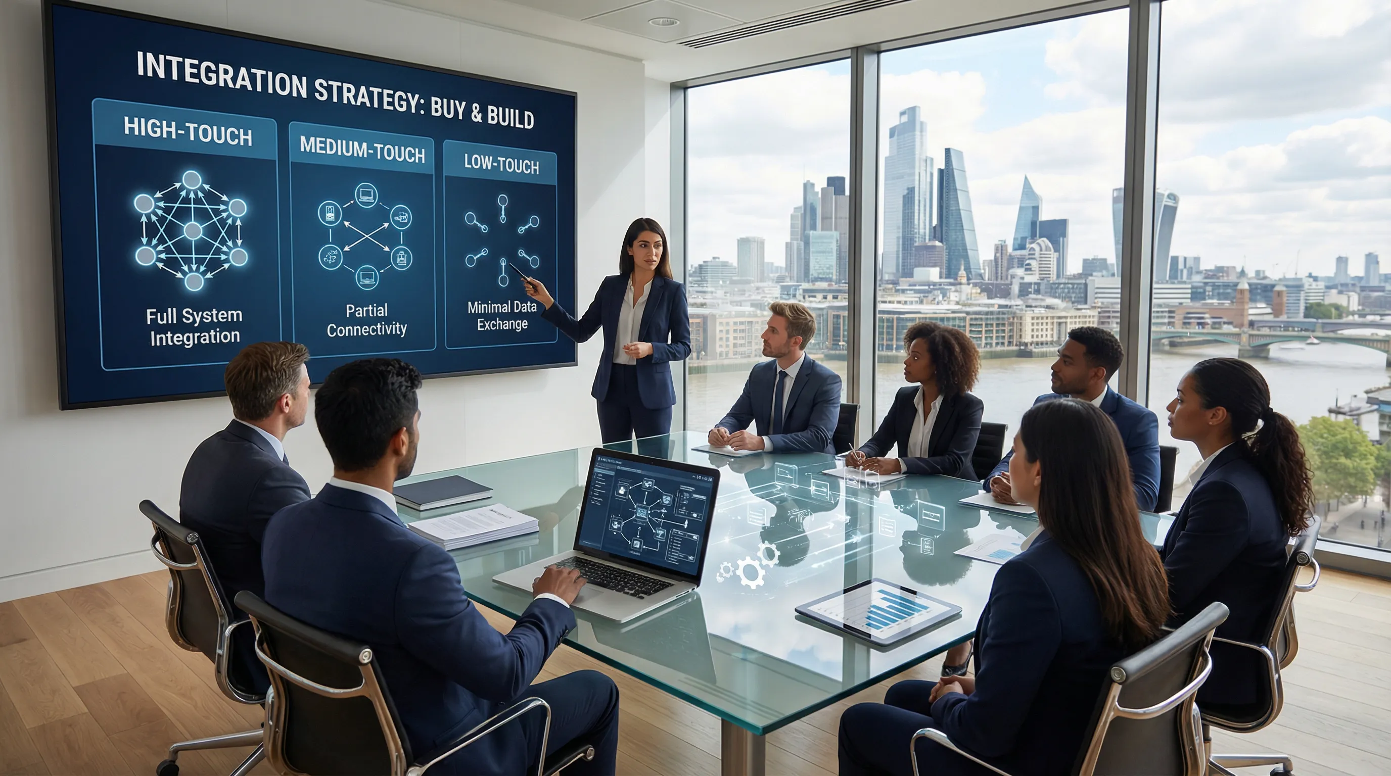 Professionals collaborating on integration strategy in a modern boardroom with digital screens.