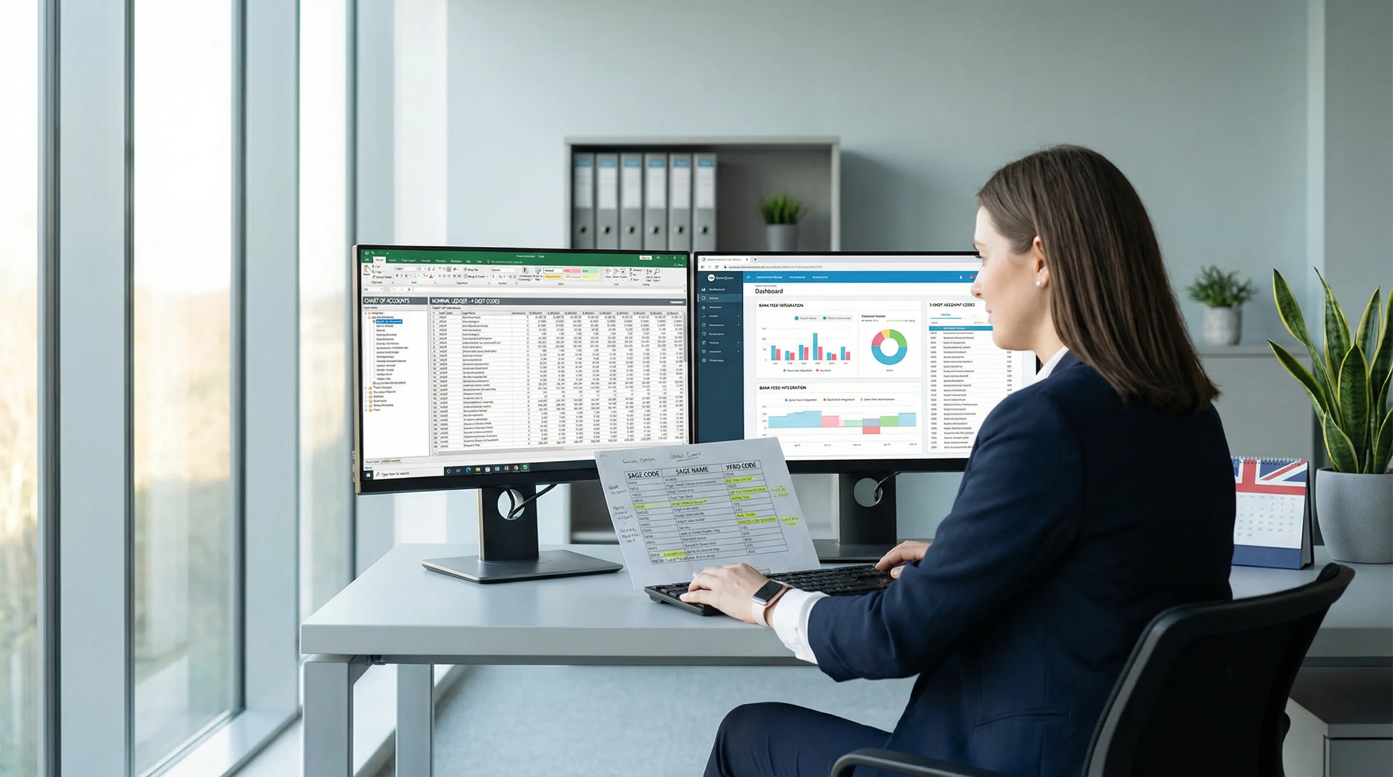 UK accountant comparing Sage and Xero software on dual monitors with migration mapping document.