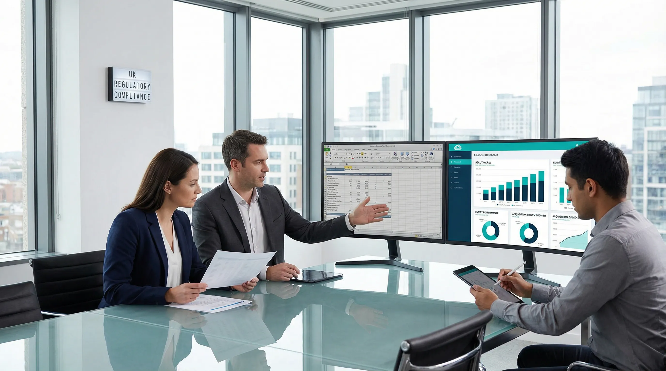 Finance team reviewing cloud accounting dashboards in modern UK office setting.