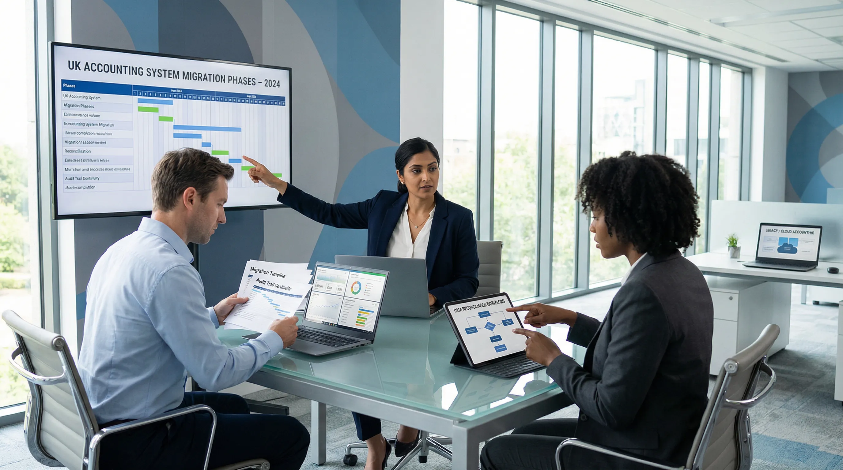 UK finance team planning accounting system migration strategy in modern office.