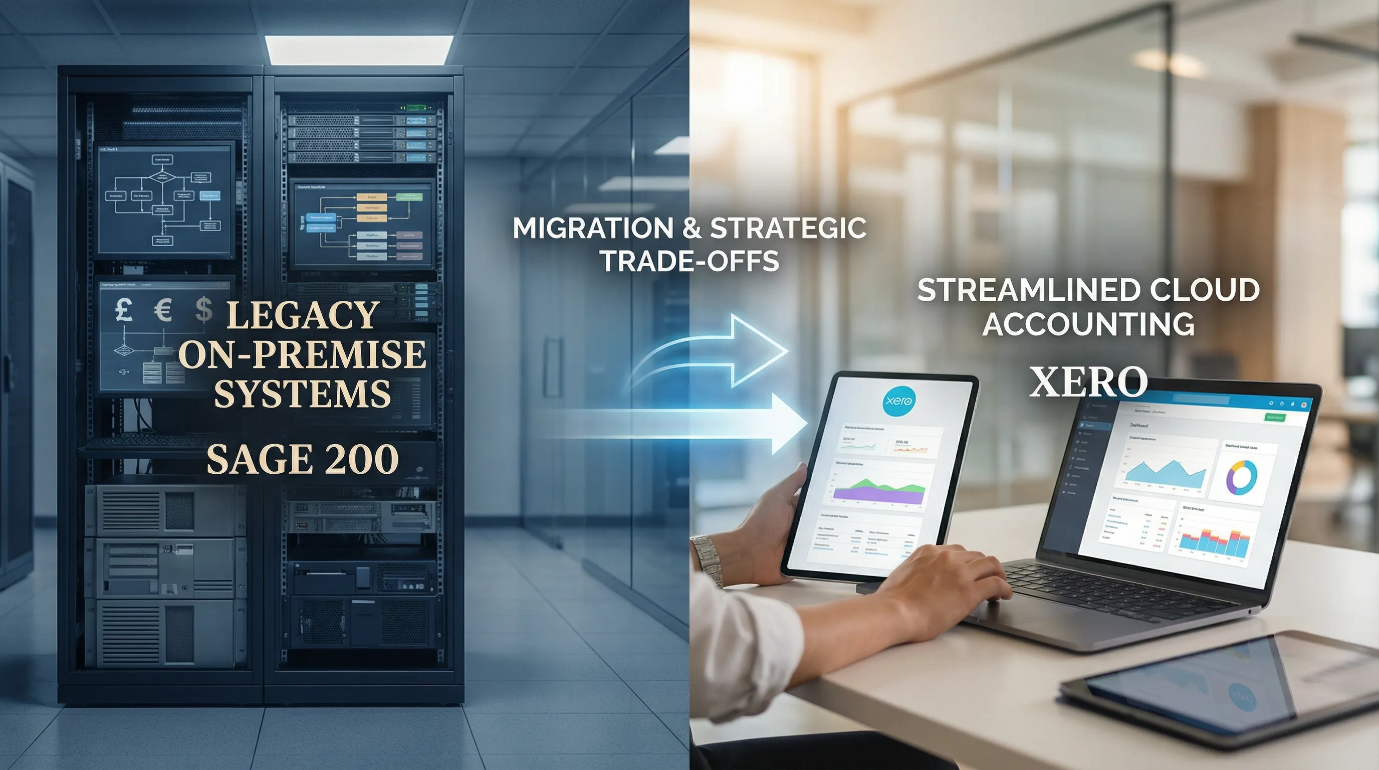 Split-screen showing transition from legacy on-premise system to modern cloud accounting platform.