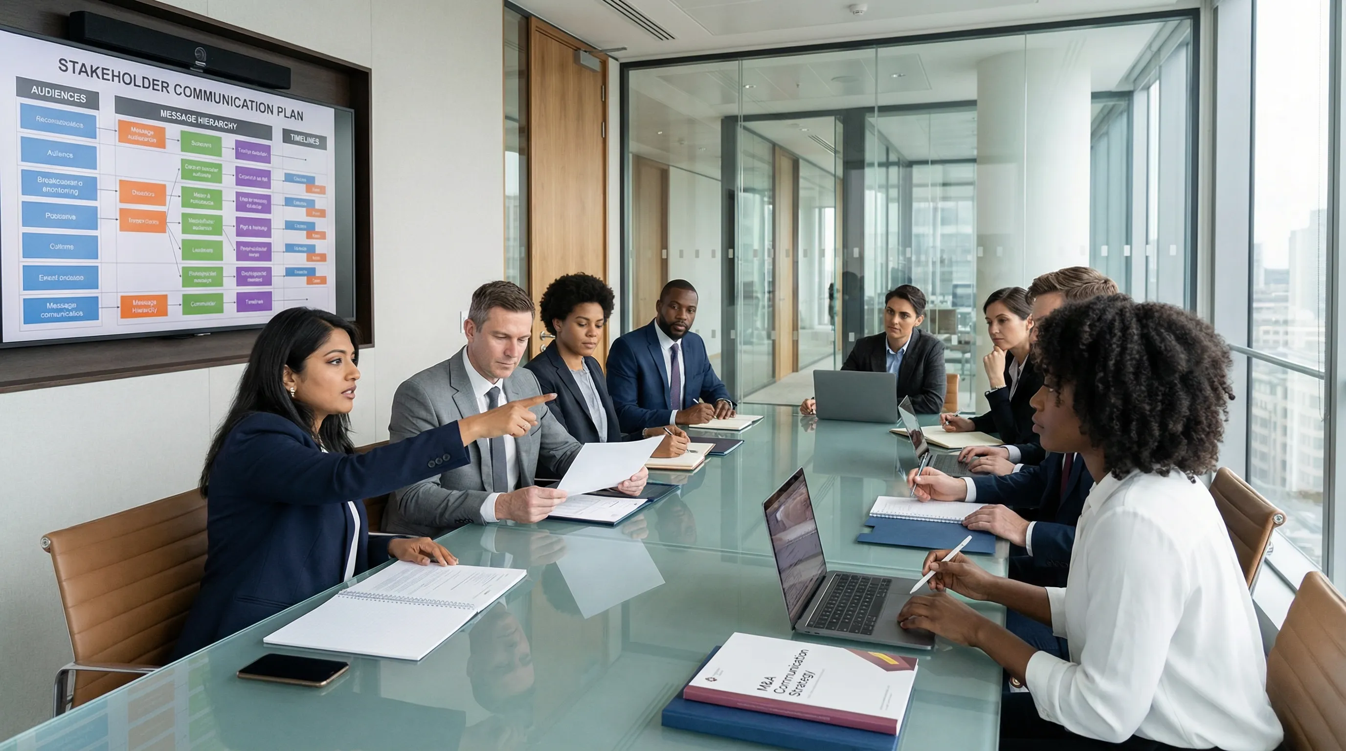Diverse executives collaborating on M&A communication strategy in modern UK office.