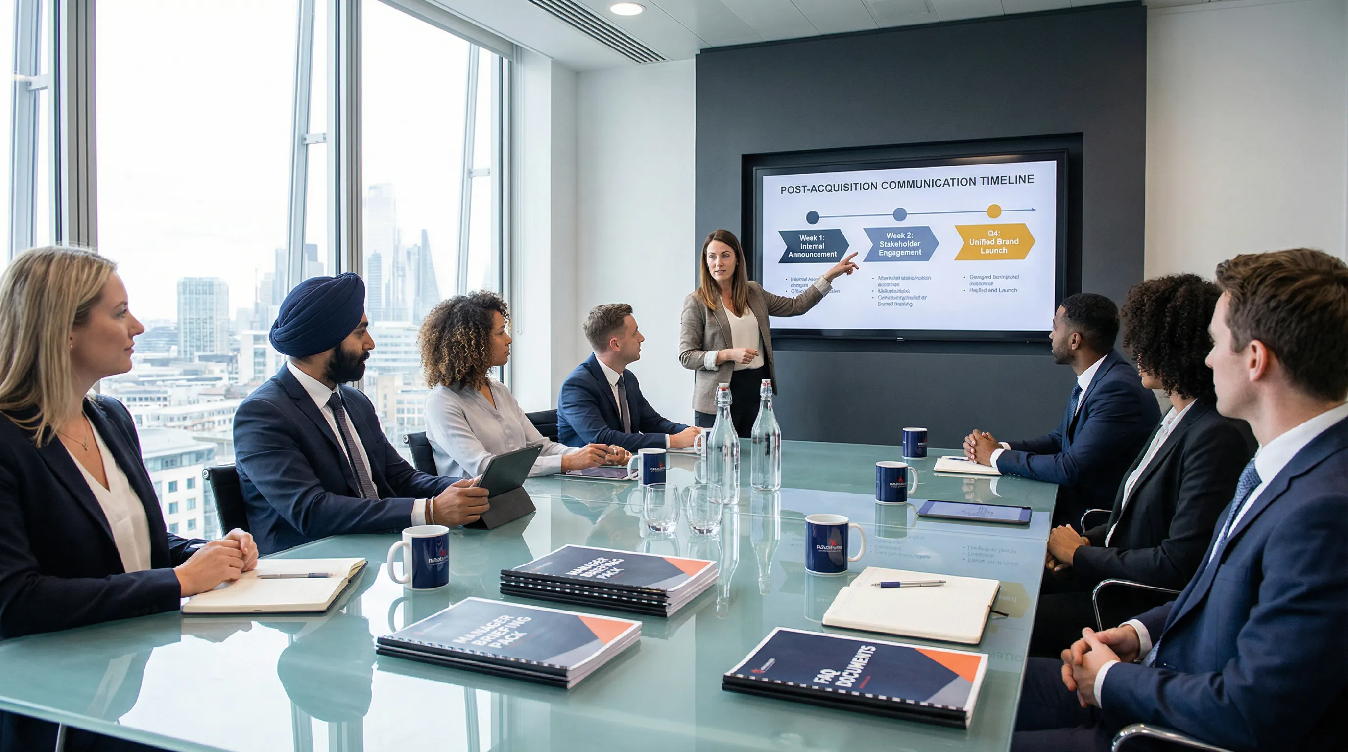 Professionals planning post-acquisition communication strategy in modern UK office.