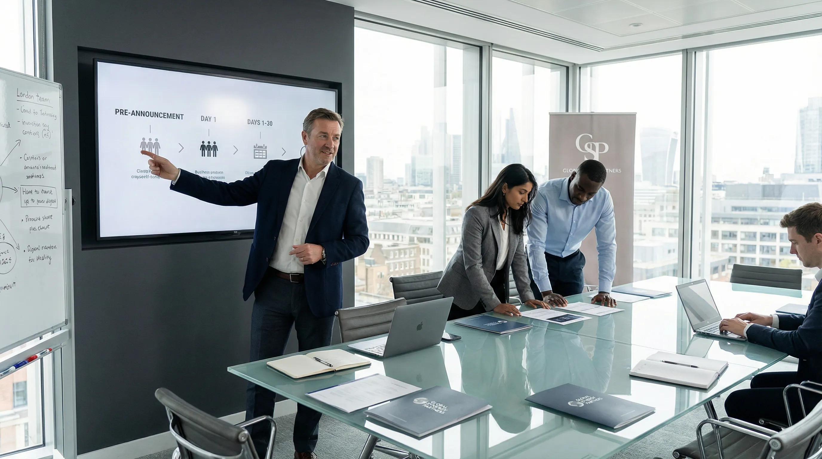 Diverse team in modern boardroom planning post-acquisition communication strategy with digital timeline display.