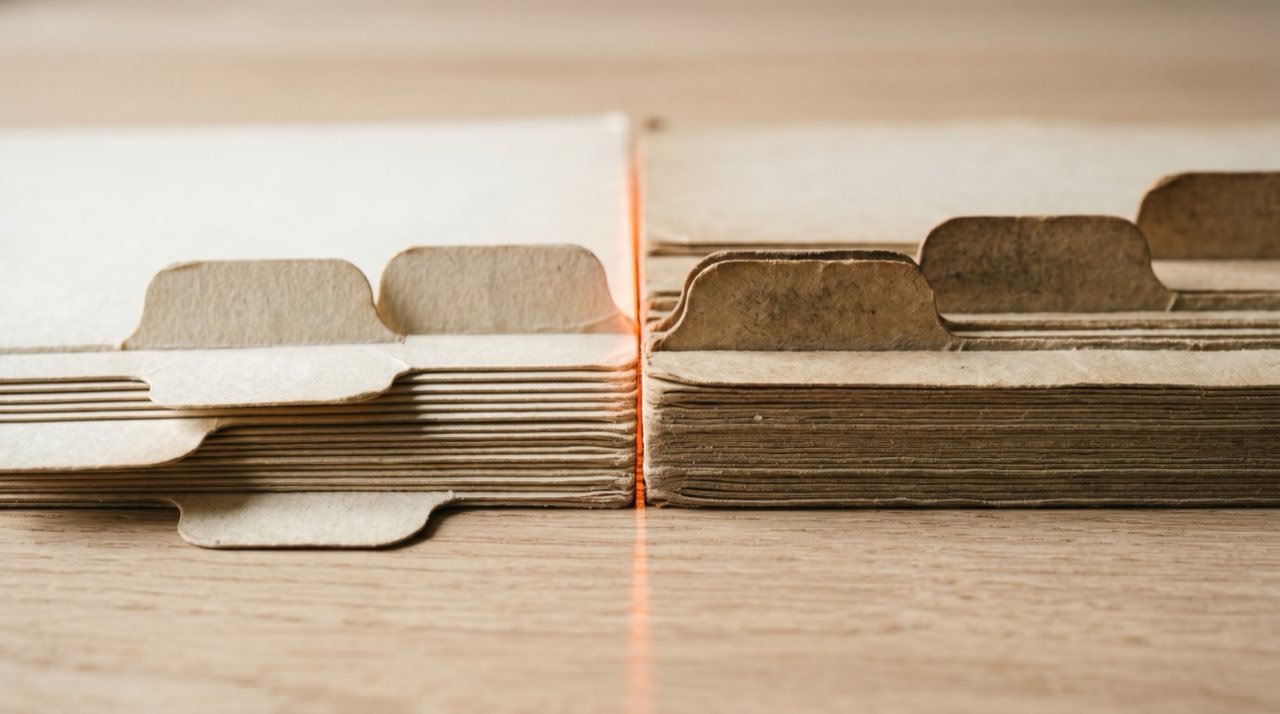 Macro still-life of two sets of tabbed index cards aligning edge to edge under a warm orange edge light