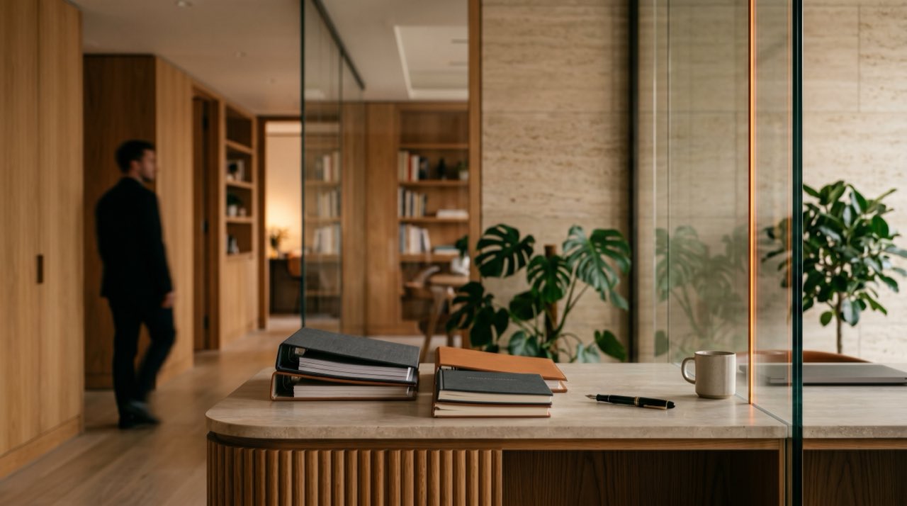 Design-led finance office with neatly stacked ledgers and folders on a desk, glass partitions catching a thin warm orange light