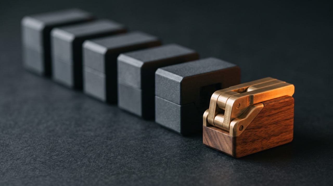 A row of identical mass-produced modular blocks beside one bespoke brass and walnut piece, lit by a warm orange edge