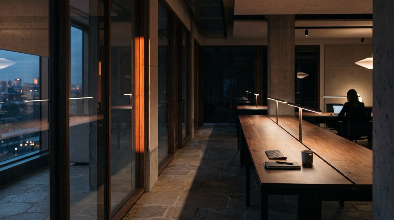 A design-led finance office at dusk, glass partitions catching a warm orange band of light