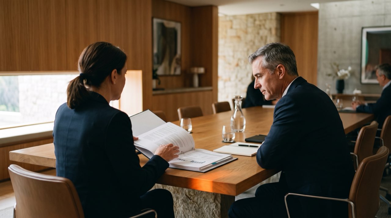A finance lead presenting a consolidated board pack across a design-led boardroom table in warm light