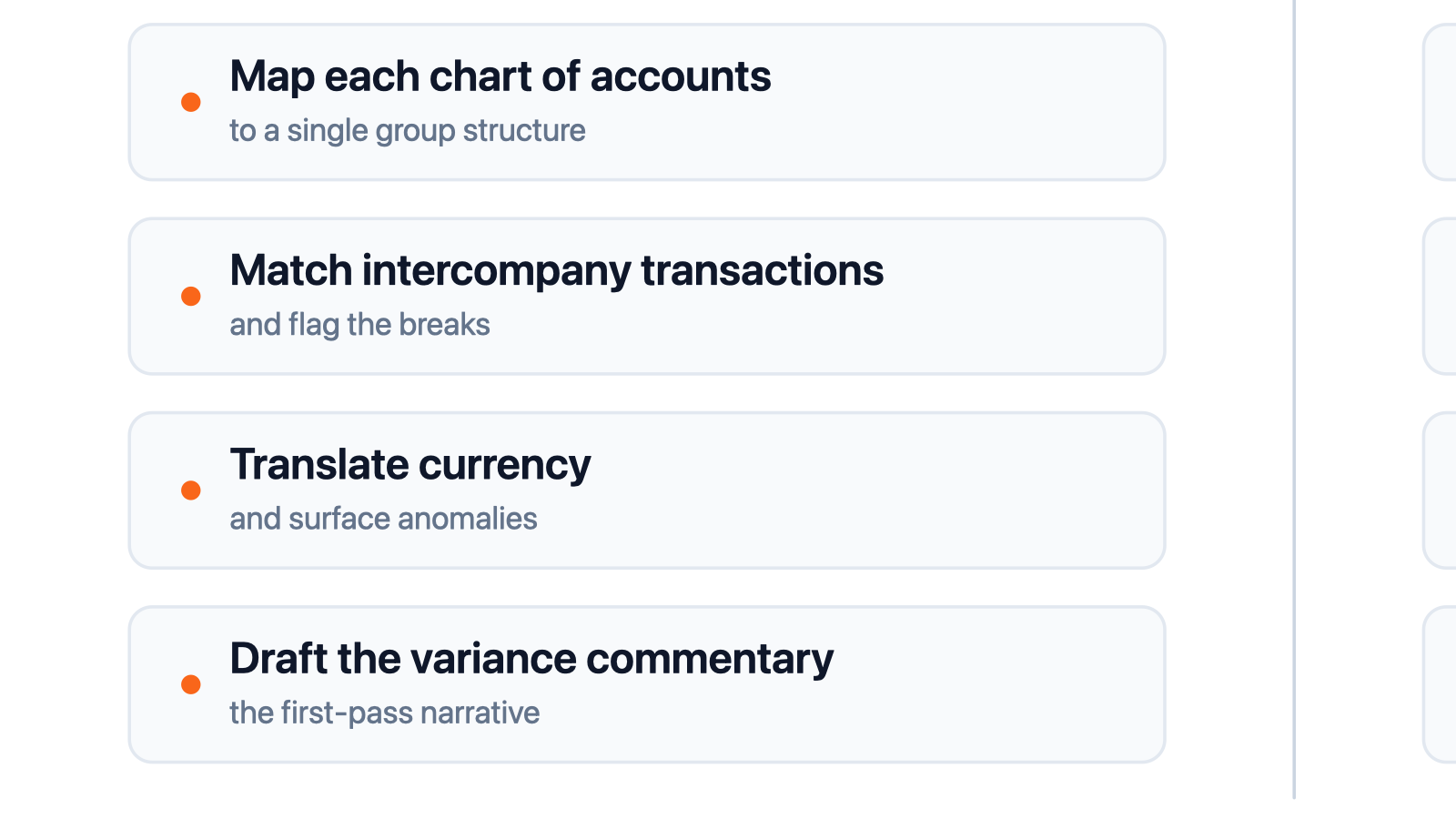 Diagram splitting a multi-entity close into tasks AI agents accelerate and tasks a human still owns, both resting on a clean, mapped, reconciled data foundation bar