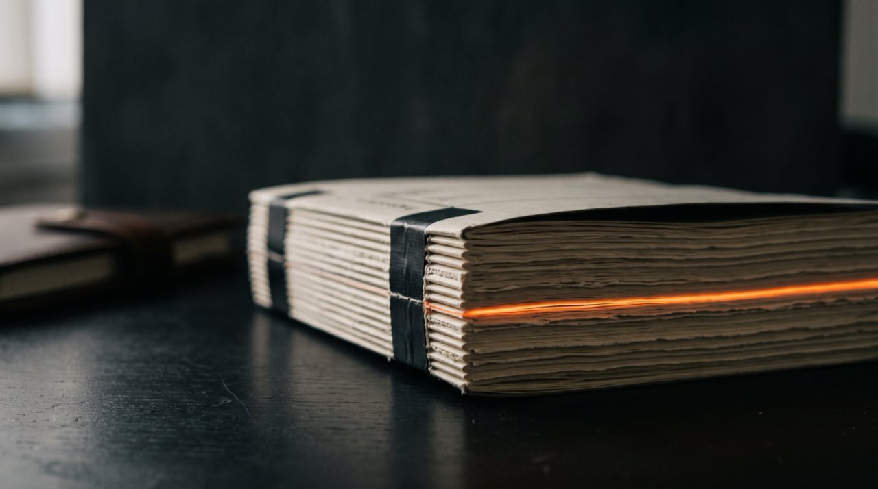 Close-up of a stack of bound deal documents with a thin blade of warm orange light raking across the page edges