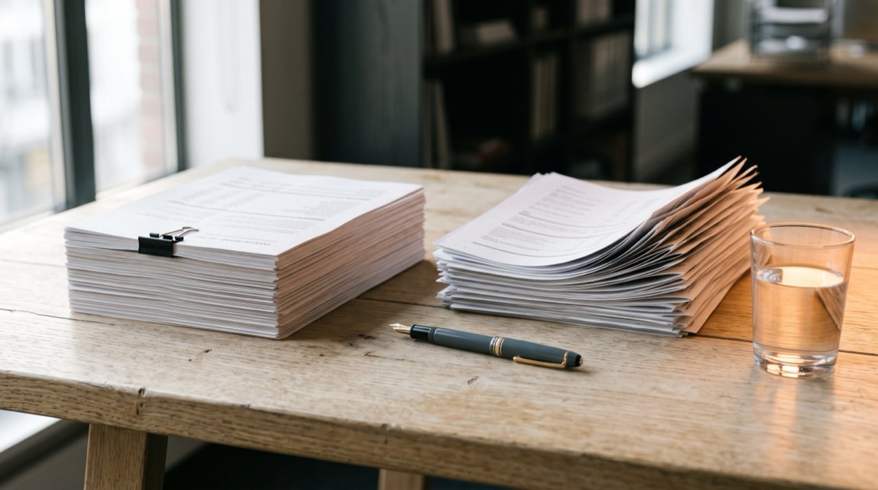 Two stacks of printed accounts on a desk, one squared off and one mid-sort, during an accounting system migration