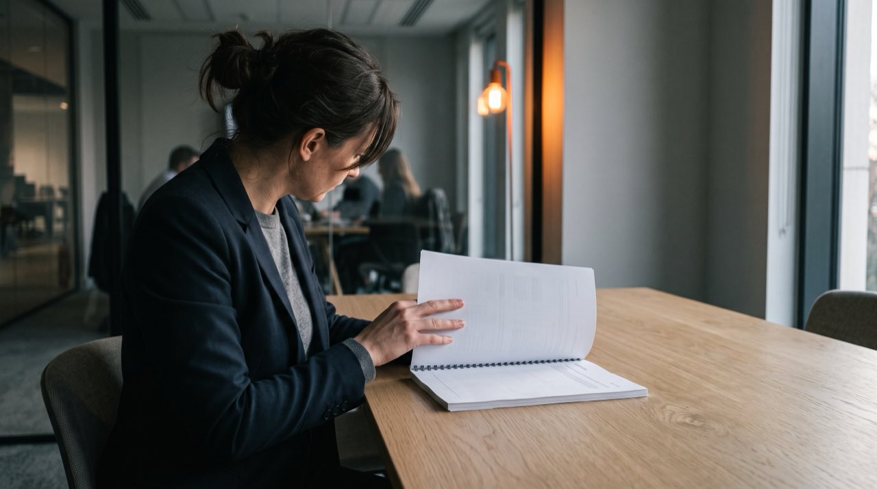 A finance lead reading a printed group reporting pack at a table.