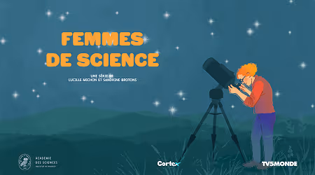 Illustration "Femmes de Science : la série" Scène de nuit, une femme observe le ciel à travers un téléscope.