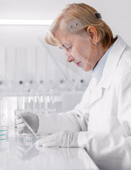 Scientist wearing a face shield and gloves using a pipette to transfer liquid into a petri dish in a laboratory.