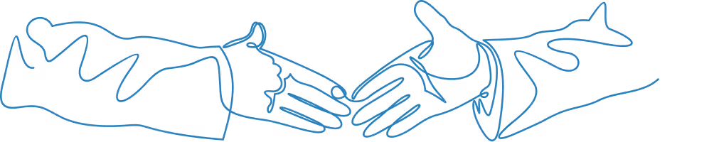 Blue line drawing of two hands reaching to shake hands.