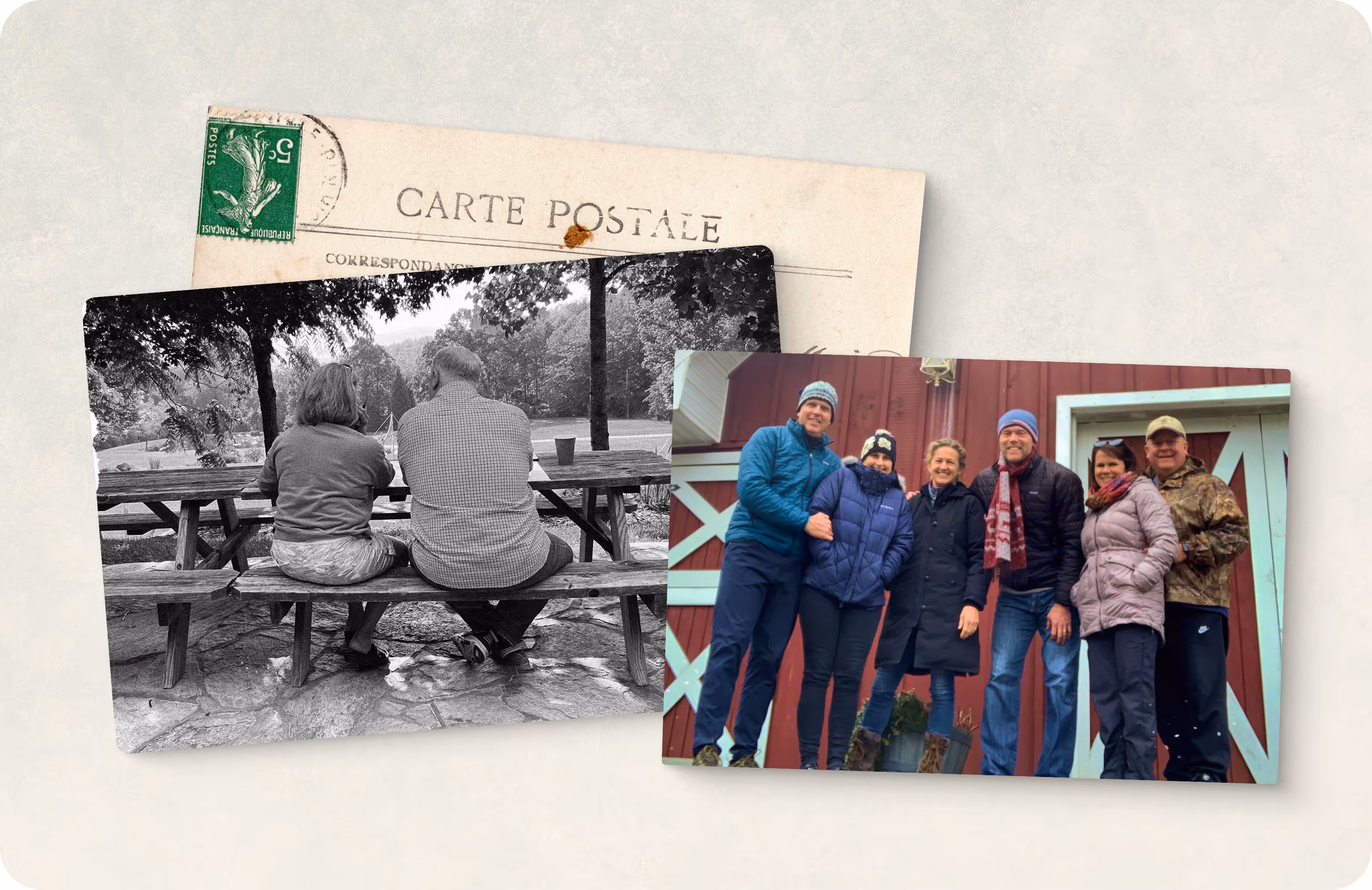 Collage of two photos: one black-and-white photo of an elderly couple sitting side by side on a picnic bench; one color photo of six adults warmly dressed, standing and smiling in front of a red barn door.