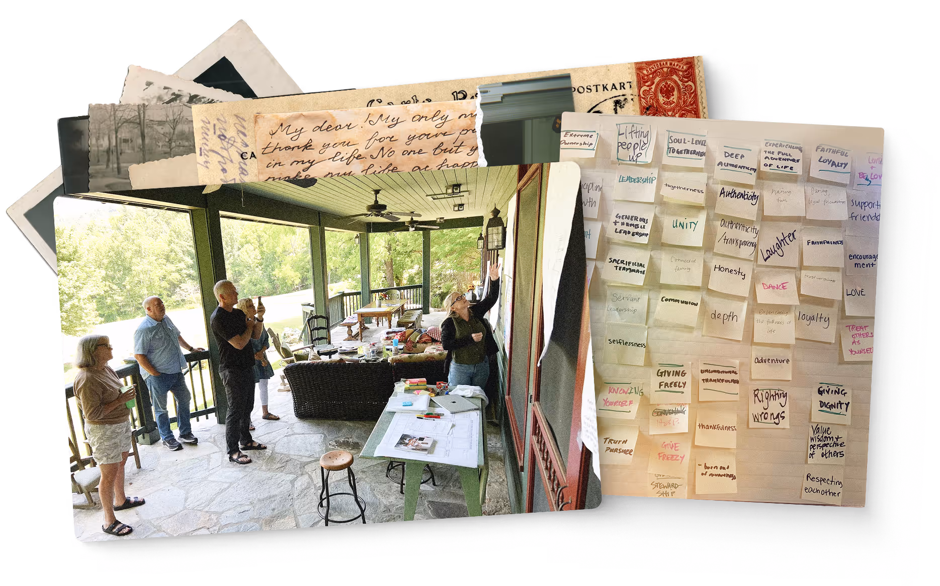 Group of five people standing on a covered porch engaged in discussion, with a wall covered in sticky notes listing values and ideas in the background.