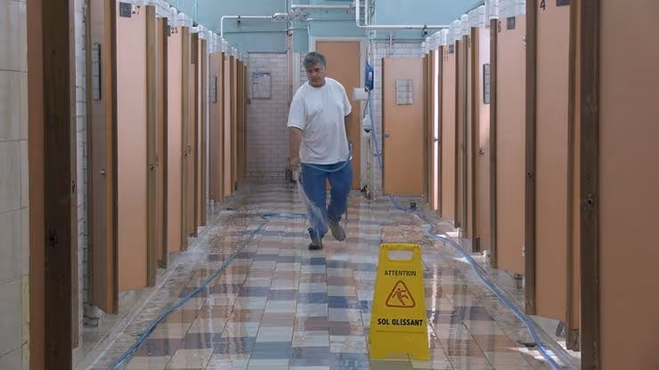 Cette photo en couleur représente un employé des bains douches qui lave le sol. Les cabines sont de chaque coté. A droite en bas de l'image, un panneau jaune indique que le sol est glissant.