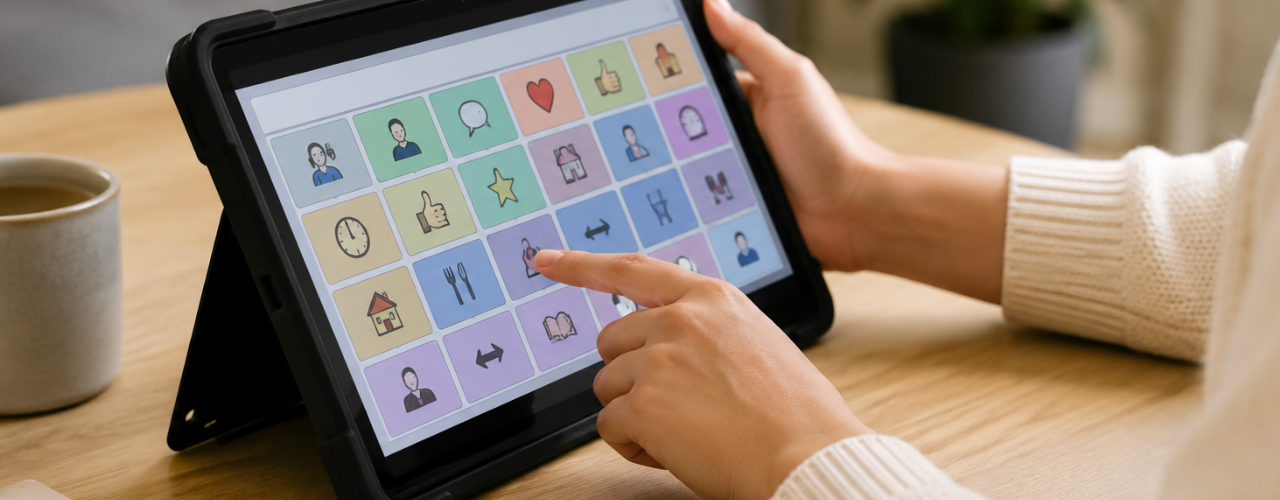 Main d’une femme utilisant une tablette de communication augmentée et alternative (CAA) affichant des pictogrammes colorés. La tablette est posée sur une table en bois dans un environnement intérieur calme, avec un carnet et une tasse visibles à proximité.