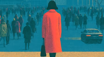 Illustration d’une femme vue de dos, vêtue d’un long manteau rouge et tenant un sac noir. Elle fait face à une foule de silhouettes dispersées dans une rue aux tons bleu-vert, tandis qu’une voiture s’éloigne sur la droite.