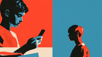 Illustration stylisée en rouge, bleu et noir. À gauche, une femme regarde un smartphone qu’elle tient dans ses mains. À droite, un jeune garçon apparaît de profil, tourné vers elle. Les deux personnages sont séparés par une ligne verticale, sur des fonds rouge et bleu, dans un style graphique texturé.