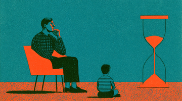Illustration stylisée montrant un père assis sur une chaise, la main posée sur le menton, face à un enfant assis au sol, vu de dos. À droite, un grand sablier rouge symbolise le temps qui passe. La scène, aux tons bleu turquoise, rouge et noir, évoque la réflexion et la parentalité.