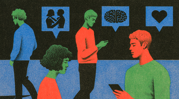 Illustration stylisée montrant plusieurs personnes dans un espace public, certaines consultant leur téléphone. Au-dessus d’elles, des bulles contiennent des pictogrammes représentant un couple, un cerveau et un cœur, évoquant les relations, la santé mentale et les émotions.