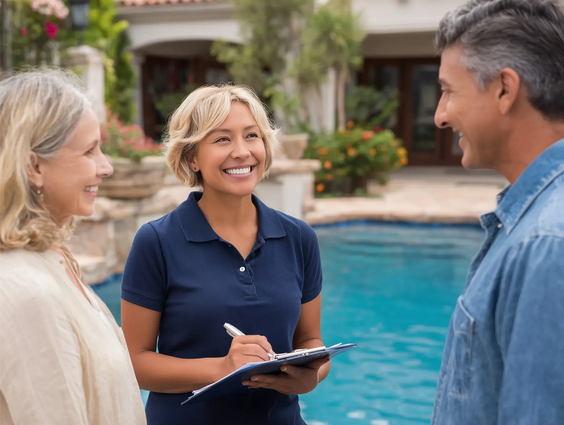 Smiling woman in navy polo holding clipboard and pen, talking to a middle-aged couple near a backyard pool.