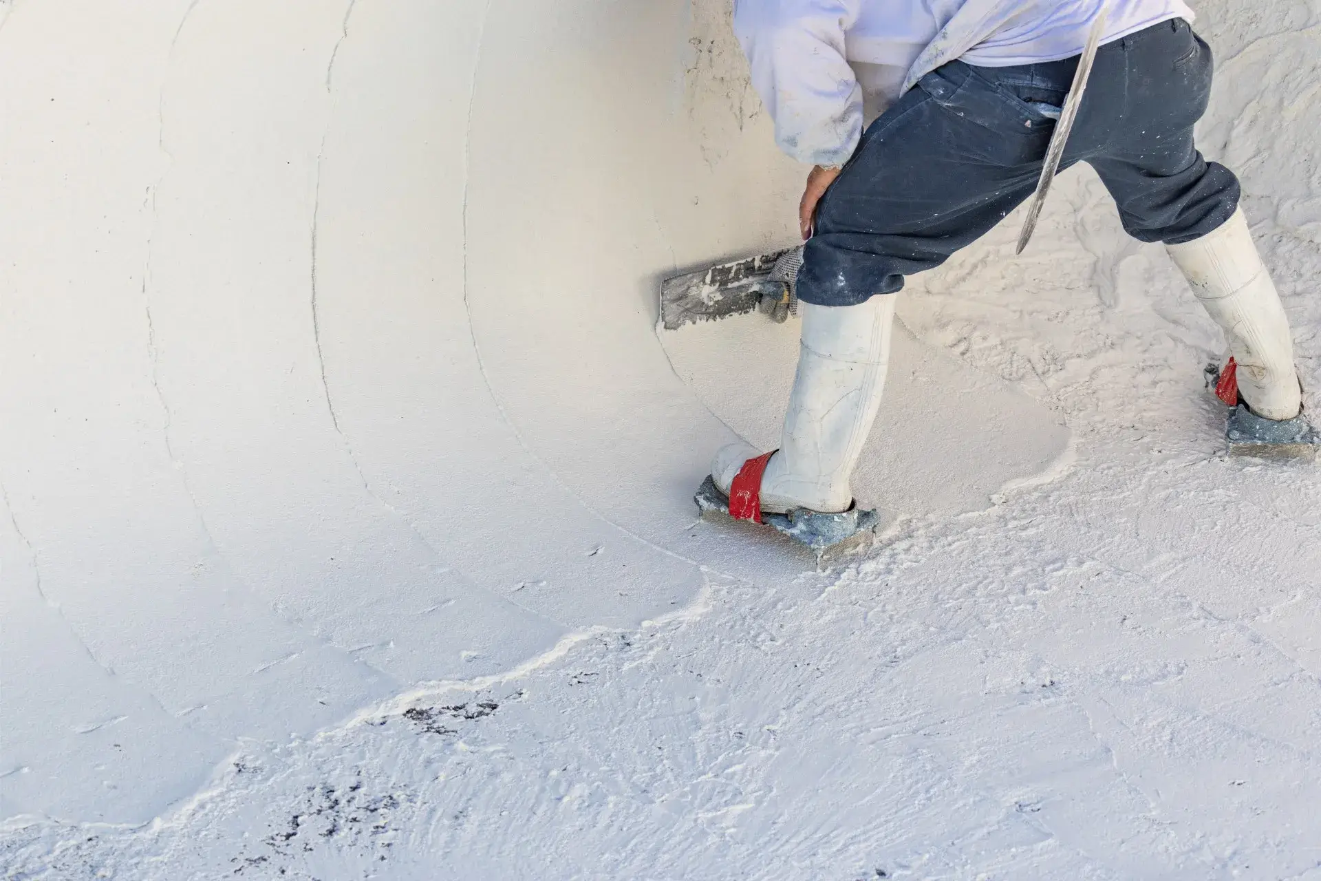 Worker wearing white boots smoothing white plaster or cement on a surface using a hand trowel.