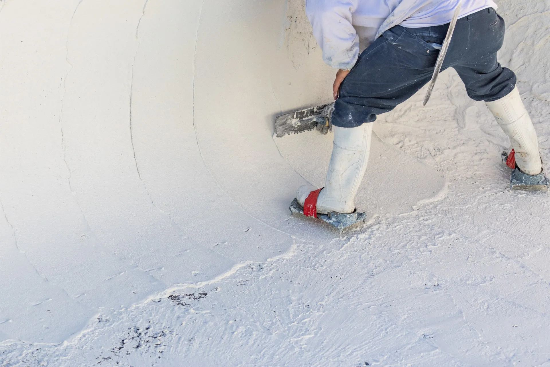 Worker wearing white boots smoothing white plaster or cement on a surface using a hand trowel.
