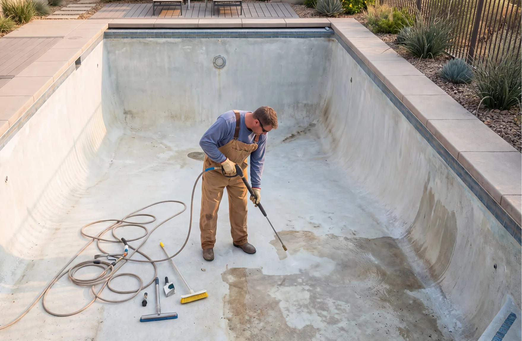 Man resurfacing his backyard pool