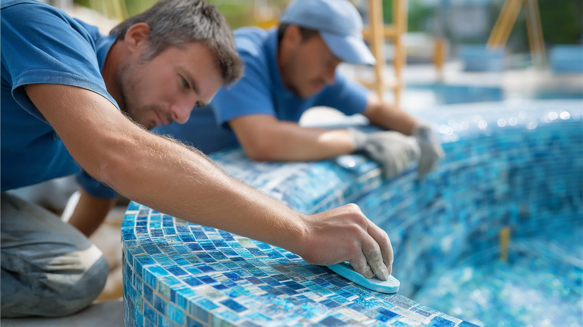 two men restoring a a blue tile pool