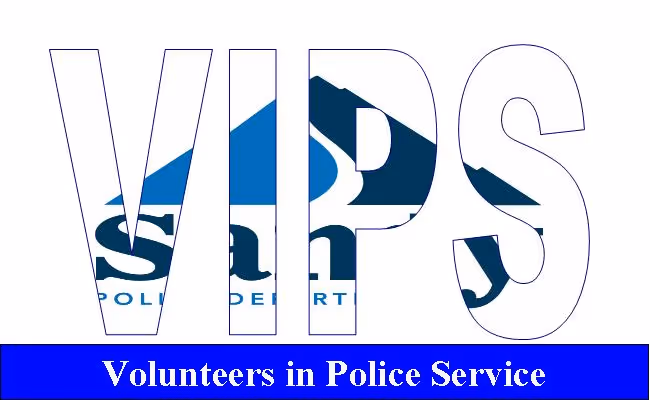 Text 'VIPS' with a police department logo visible through the letters and a blue banner below reading 'Volunteers in Police Service'.