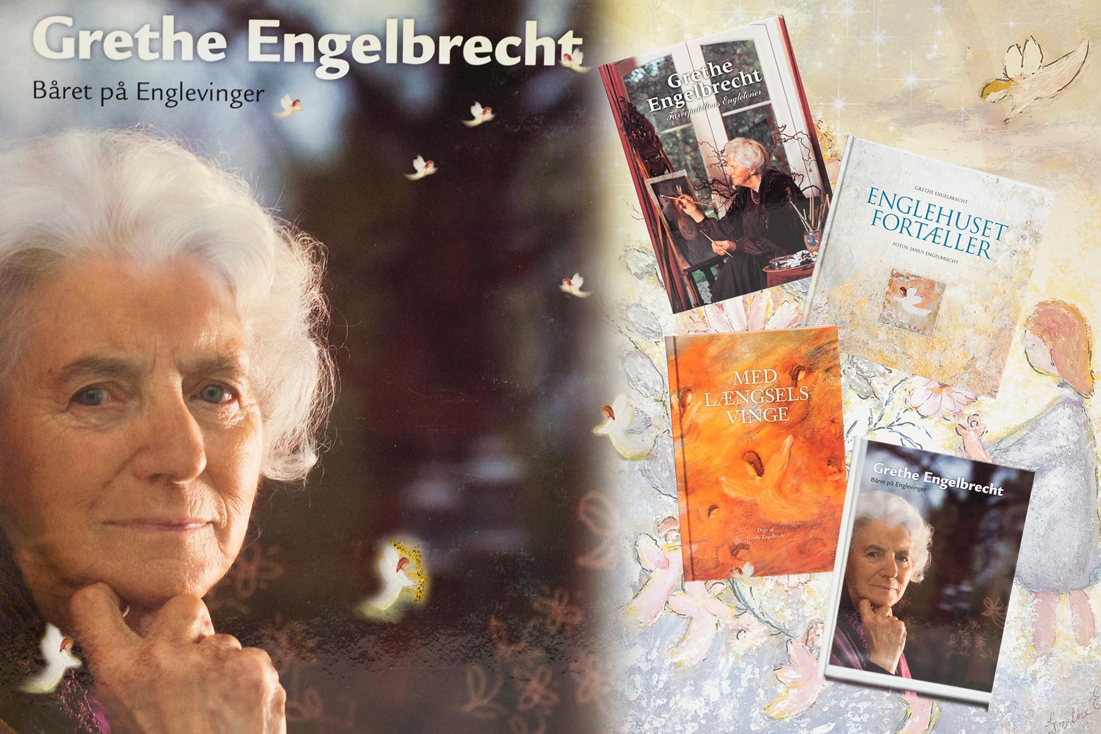 Portræt af ældre kvinde med hvidt hår og fire bøger af Grethe Engelbrecht mod en baggrund med engleillustrationer.