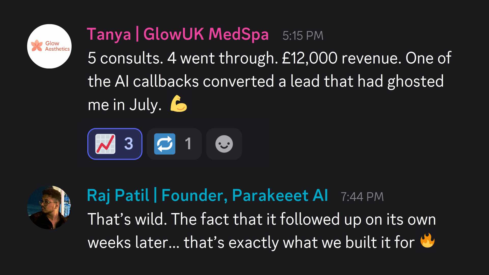 Chat messages between Tanya from GlowUK MedSpa reporting £12,000 revenue from AI callback consultations, and Raj Patil, founder of Parakeeet AI, expressing approval of the AI follow-up feature.