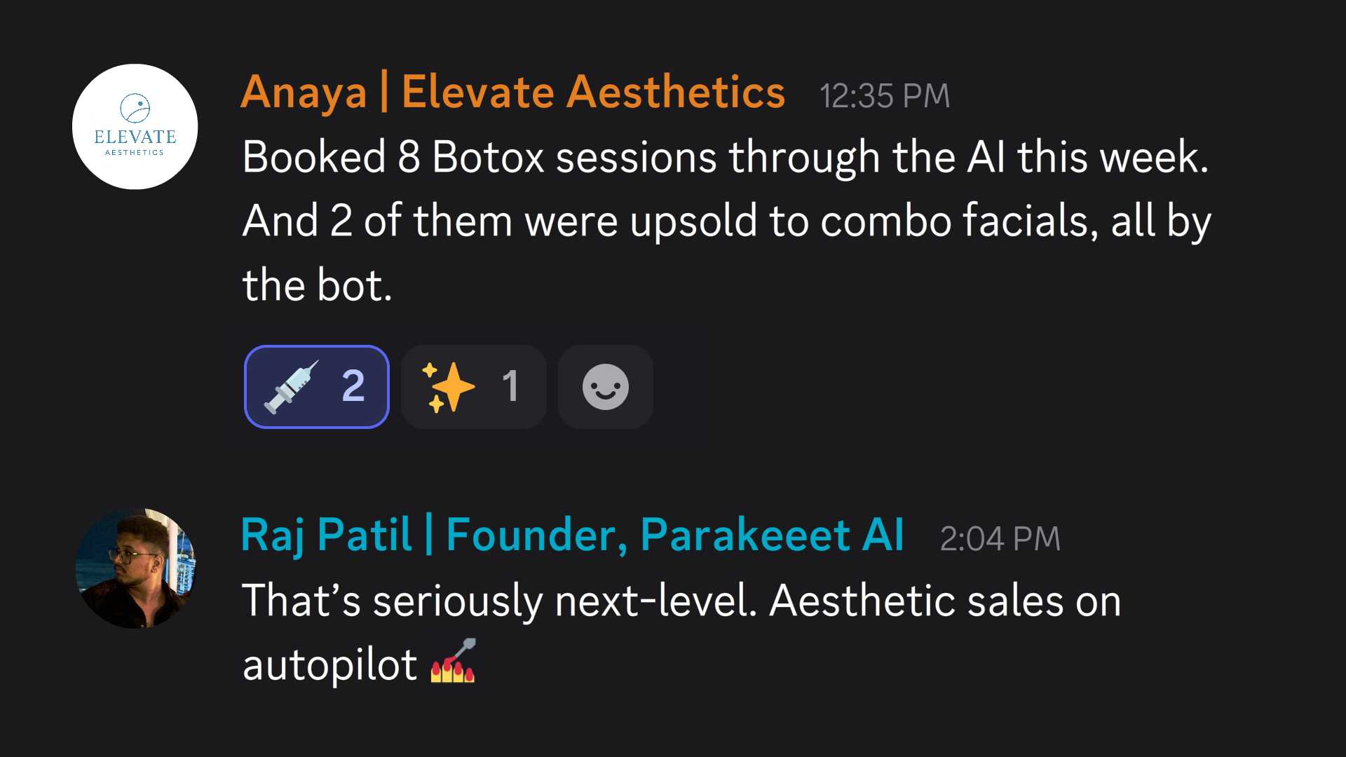 Chat conversation where Anaya from Elevate Aesthetics shares booking 8 Botox sessions via AI with 2 upsold to combo facials, and Raj Patil, Founder of Parakeeet AI, responds praising the next-level autopilot aesthetic sales.