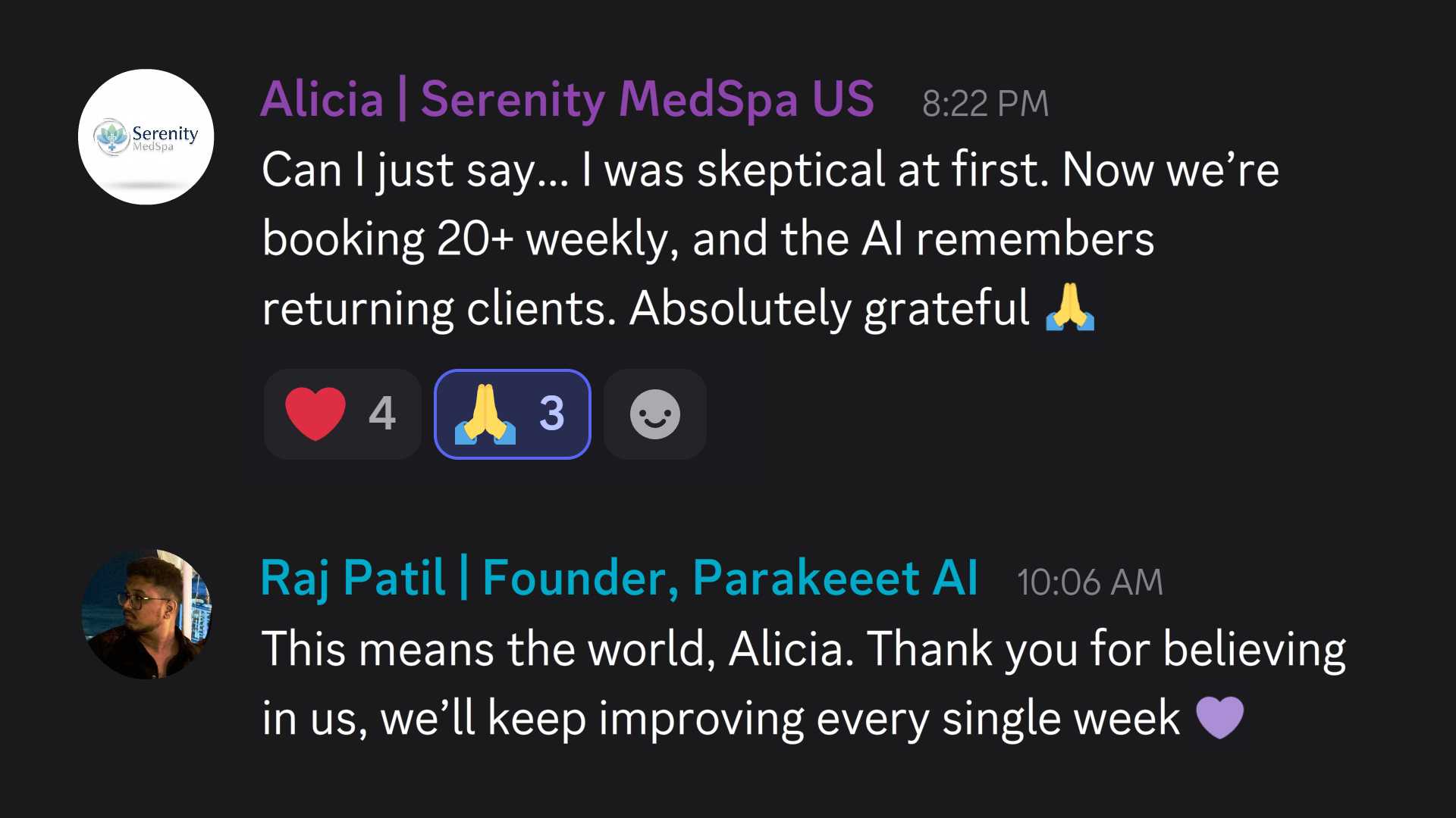 Chat conversation between Alicia from Serenity MedSpa US expressing gratitude for AI helping book 20+ weekly clients, and Raj Patil, Founder of Parakeeet AI, thanking Alicia for her support.