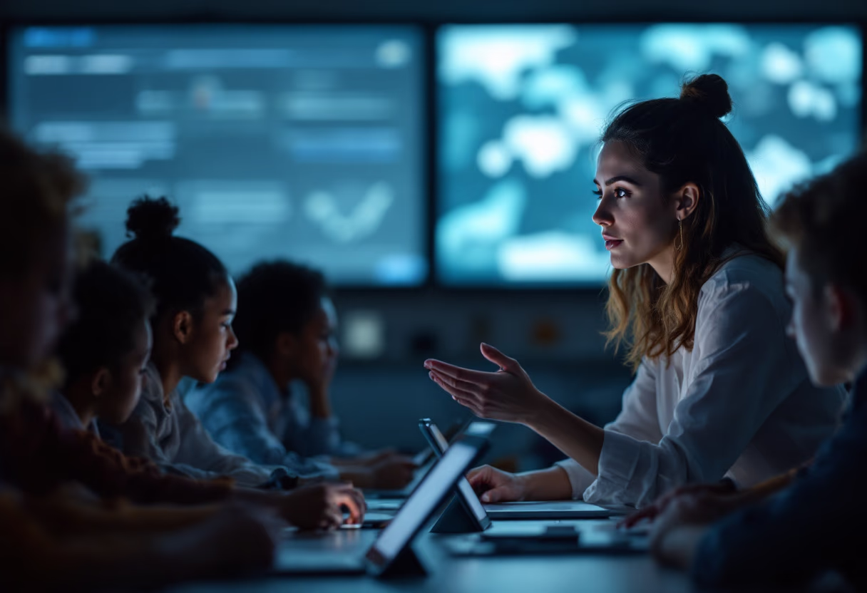 image of a teacher interacting with students using digital tools (for an edtech)