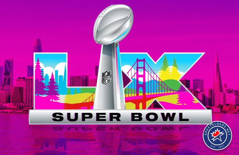 Super Bowl LX logo with Vince Lombardi Trophy and colorful San Francisco skyline and Golden Gate Bridge.