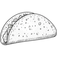 Black and white drawing of a taco with visible lettuce and cheese inside.