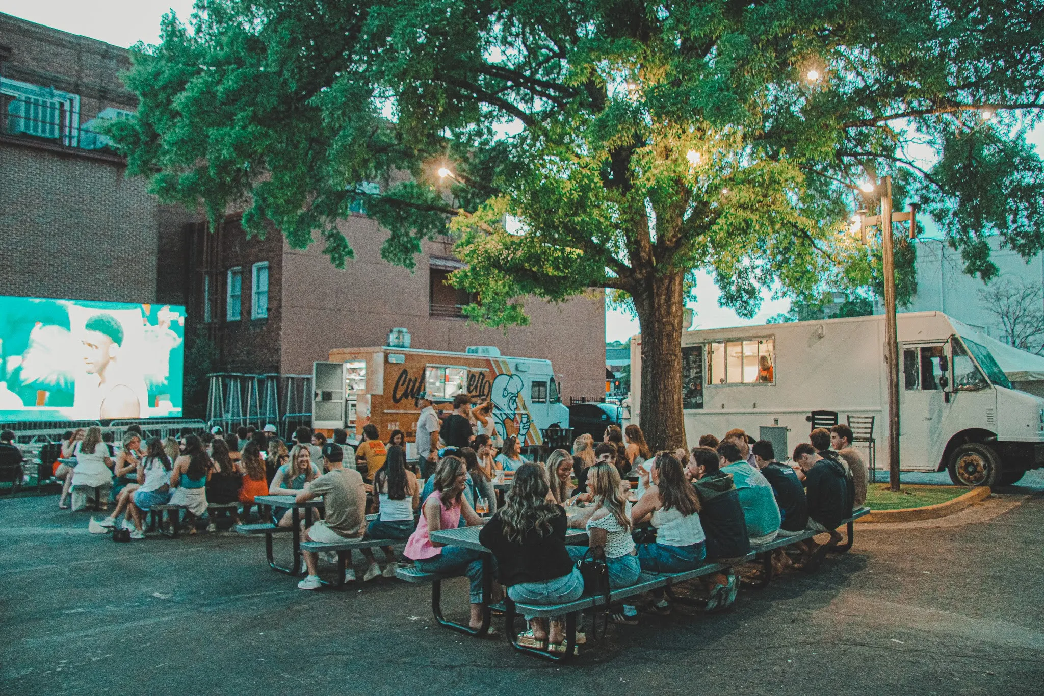 People sitting at picnic tables outdoors near food trucks and a large tree at dusk.