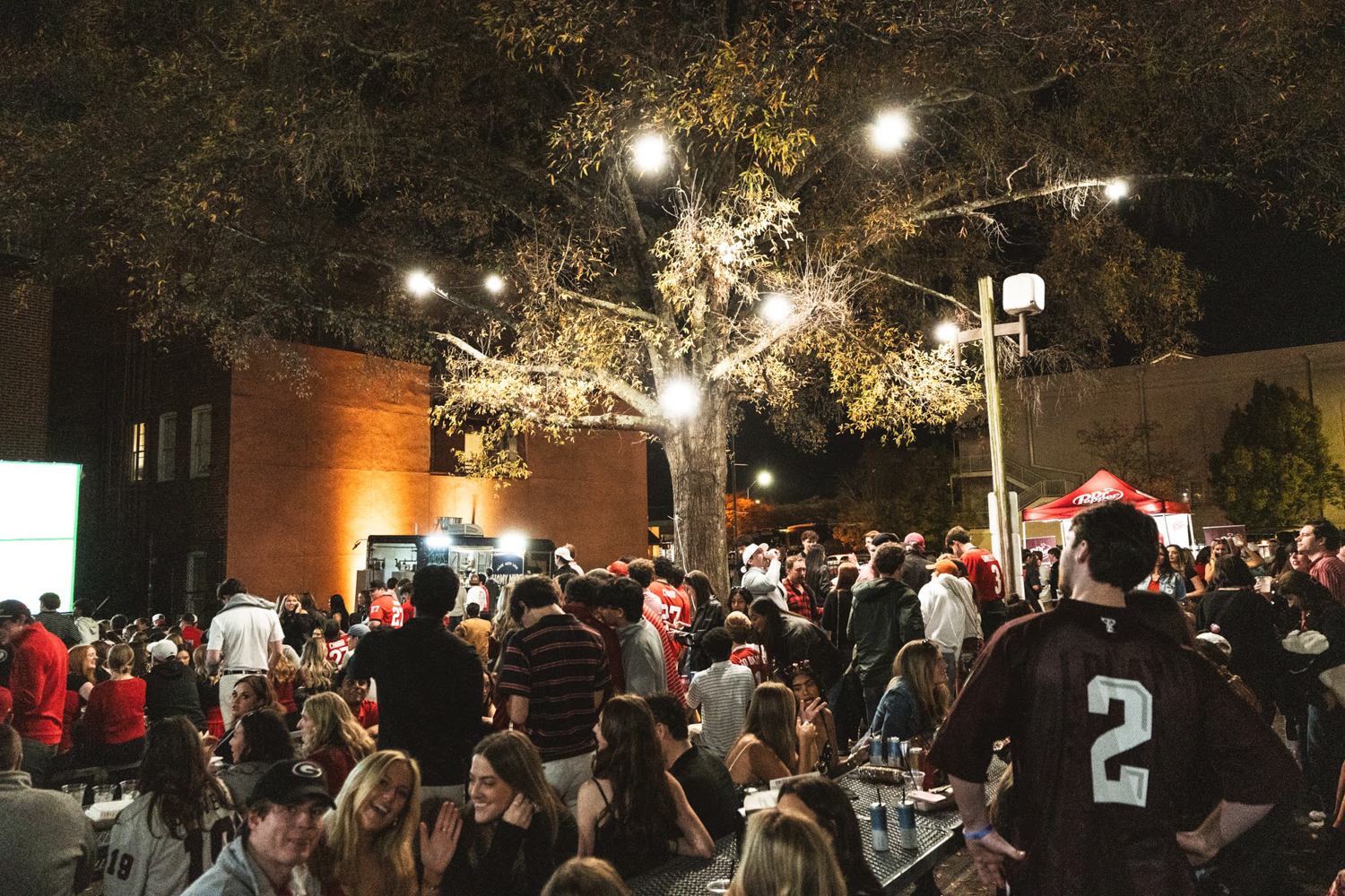 Crowd of people gathered outdoors at night under a tree lit with bright hanging lights.