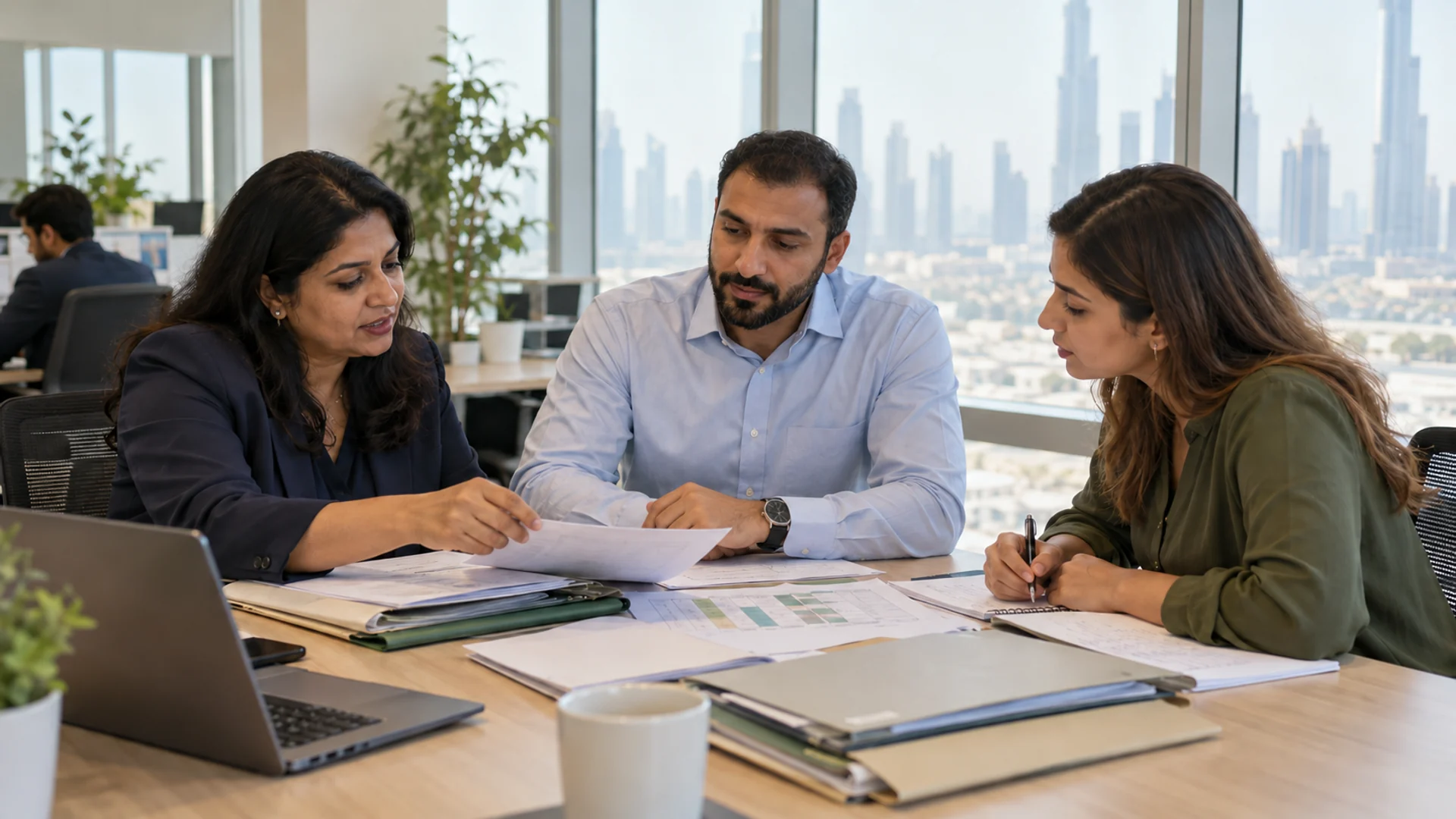 HR colleagues reviewing an onboarding schedule and employee document folders in a Dubai office.