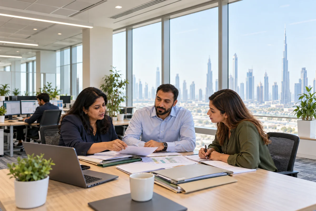 HR colleagues planning a ten-person intake in a Dubai office