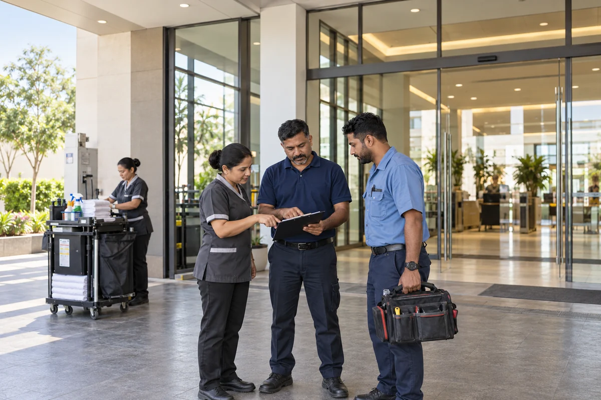 Facilities supervisor briefing housekeeping and maintenance colleagues