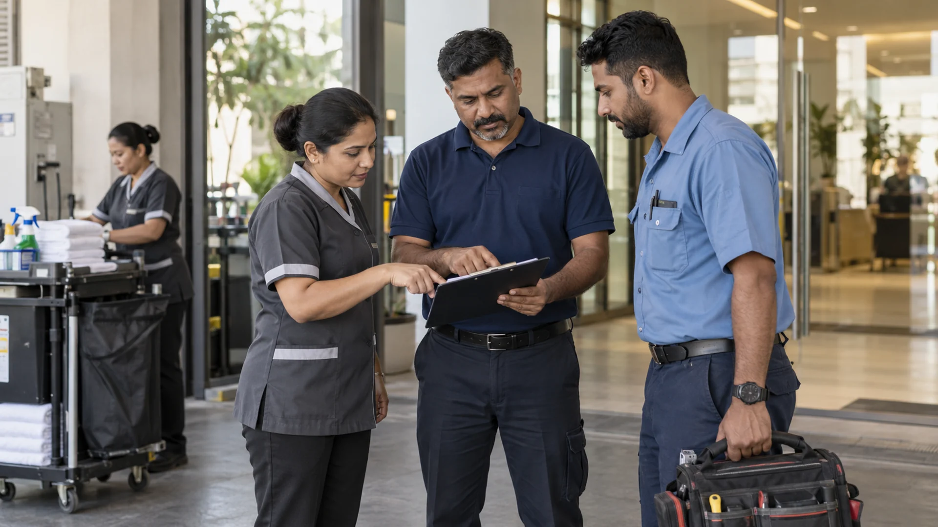 Facilities supervisor reviewing a shift plan with housekeeping and maintenance colleagues.